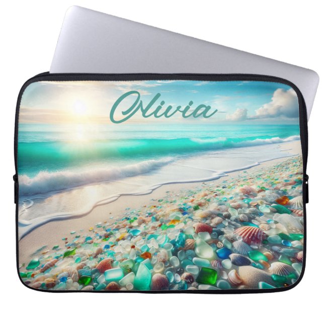 Pretty Ocean Beach with Sea Glass Personalised Laptop Sleeve (Front)