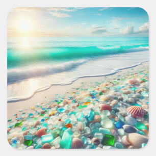Pretty Ocean Beach with Sea Glass Square Sticker