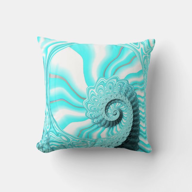 Pretty Ocean Blue Nautilus Shell Spiral Fractal Cushion (Front)