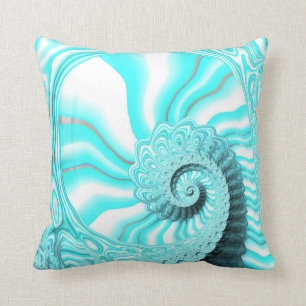 Pretty Ocean Blue Nautilus Shell Spiral Fractal Cushion