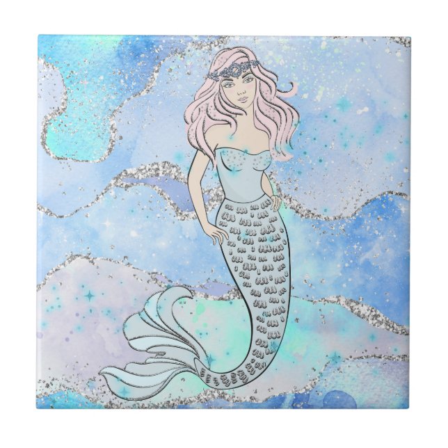 Pretty Ocean Mermaid Blue Silver Glitter Design Ceramic Tile (Front)