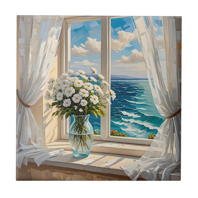 Pretty Ocean Scene Coastal Art Ceramic Tile (Front)