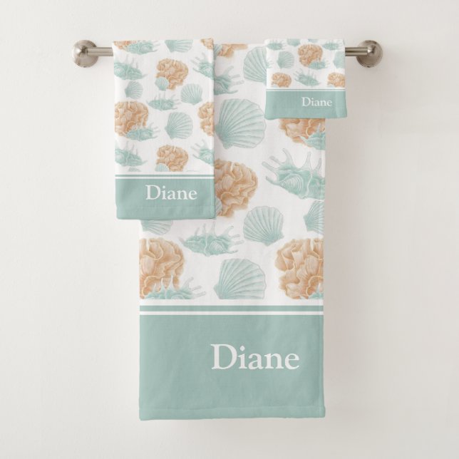 Pretty Ocean Seashell Pattern with Name  Bath Towel Set (Insitu)
