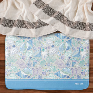 Pretty Ocean Seashell Pattern with Name Blue Bath Mat