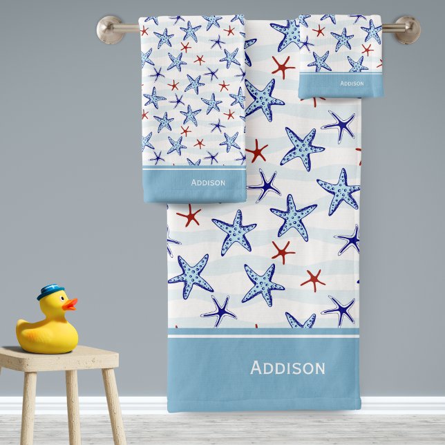 Pretty Ocean Starfish Pattern with Name Blue Bath Towel Set (Creator Uploaded)