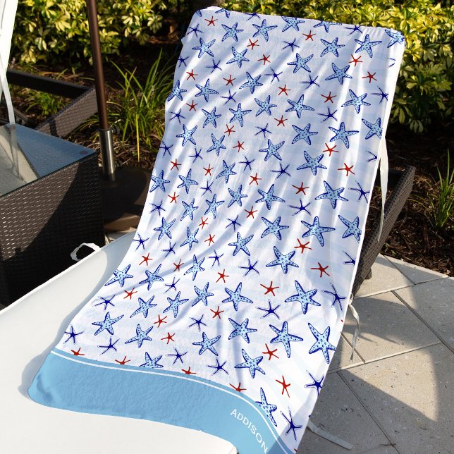 Pretty Ocean Starfish Pattern with Name Blue Beach Towel (Creator Uploaded)
