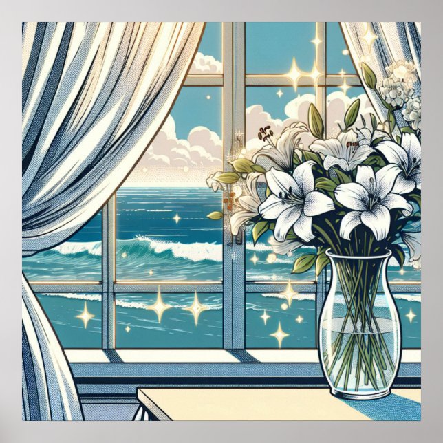 Pretty Ocean View and Vase of Flowers  Poster (Front)