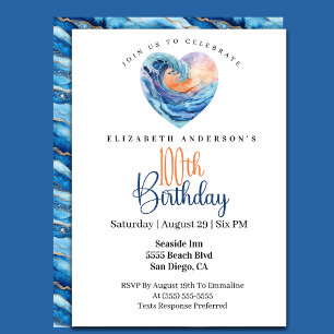 Pretty Ocean Wave Heart 100th Birthday Invitation