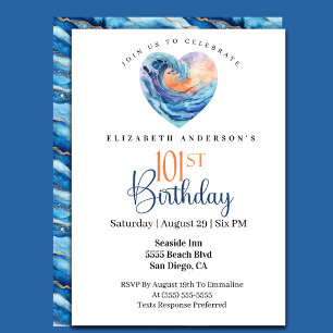 Pretty Ocean Wave Heart 101st Birthday Invitation