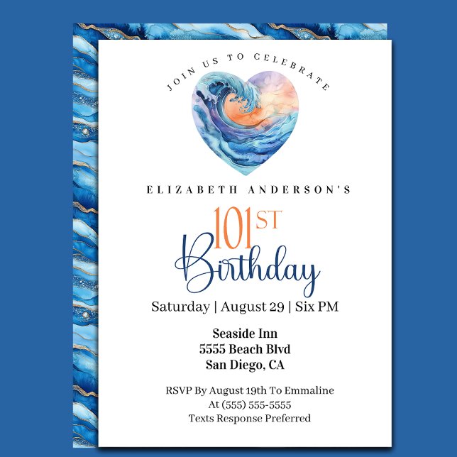 Pretty Ocean Wave Heart 101st Birthday Invitation (Creator Uploaded)