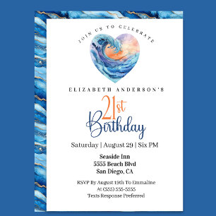 Pretty Ocean Wave Heart 21st Birthday Invitation