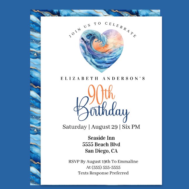 Pretty Ocean Wave Heart 90th Birthday Invitation (Creator Uploaded)