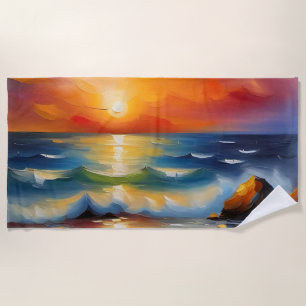 Pretty Oil Painting of orange sunset over ocean Beach Towel