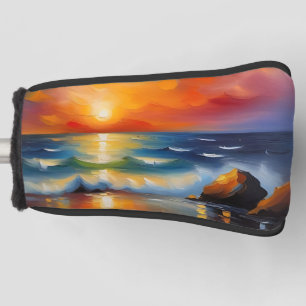 Pretty Oil Painting orange sunset over the ocean Golf Head Cover