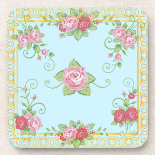 Pretty Old Roses Blue Gold Vintage Tile Pattern Coaster
