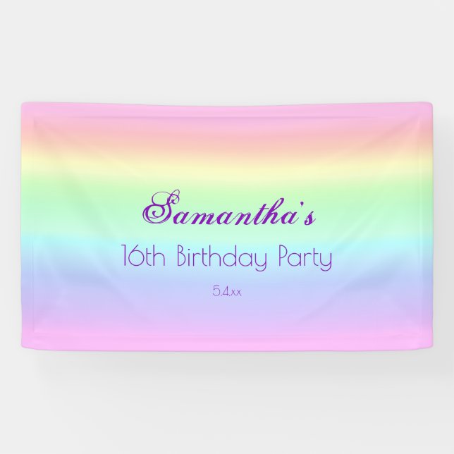Pretty Ombre Pastel Rainbow 16th Birthday Party Banner (Horizontal)