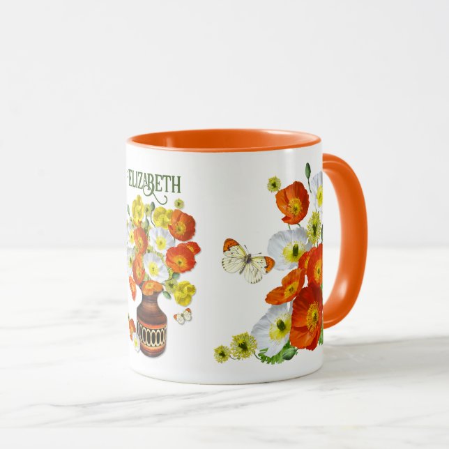 Pretty Orange and White Poppy Custom Text  Mug (Front Right)