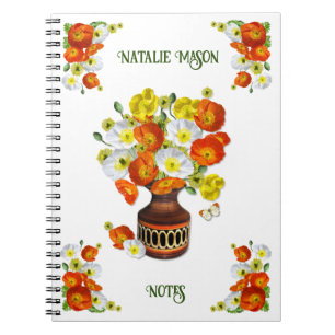 Pretty Orange and White Poppy Custom Text  Noteboo Notebook