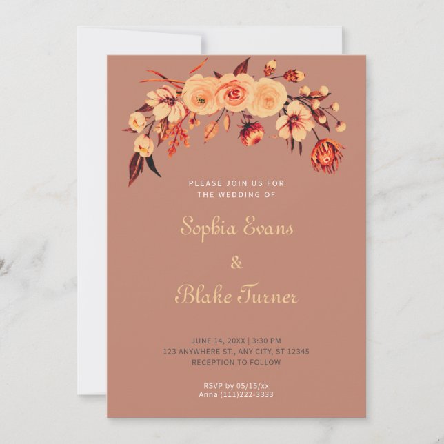 Pretty Orange Bohemian Floral Brown Wedding Invitation (Front)