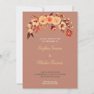 Pretty Orange Bohemian Floral Brown Wedding Invitation