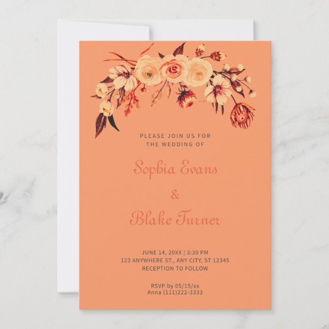 Pretty Orange Bohemian Floral Orange Wedding Invitation (Front)