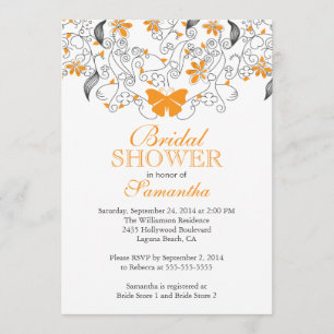 Pretty Orange Butterfly Floral Bridal Shower Invitation