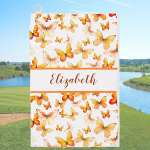 Pretty orange butterfly with custom name ladies golf towel