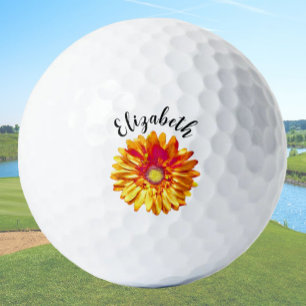 Pretty orange daisy flower custom name ladies golf balls