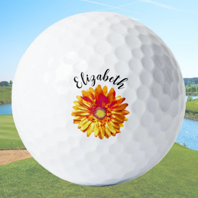 Pretty orange daisy flower custom name ladies golf balls (Creator Uploaded)