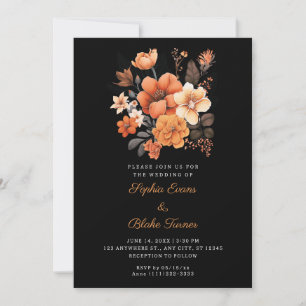 Pretty Orange Floral Bouquet Fall Black Wedding Invitation