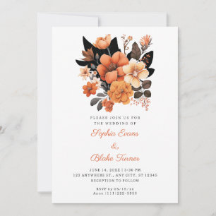 Pretty Orange Floral Bouquet Fall White Wedding Invitation