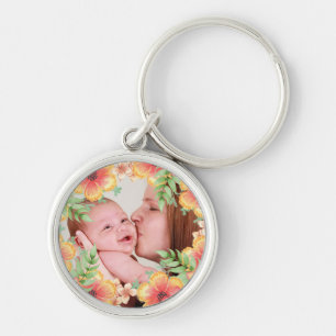 Pretty Orange Floral Custom Photo Key Ring