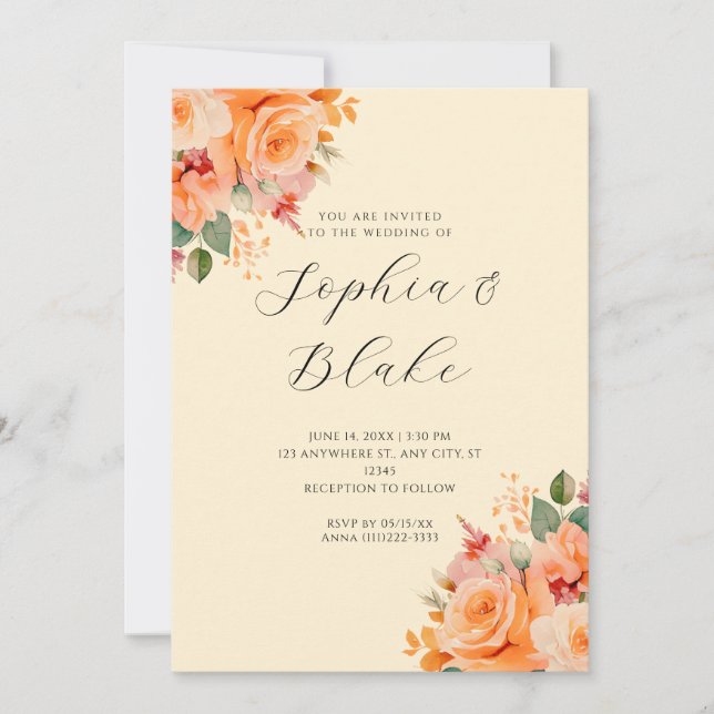Pretty Orange Floral Elegant Yellow Wedding Invitation (Front)
