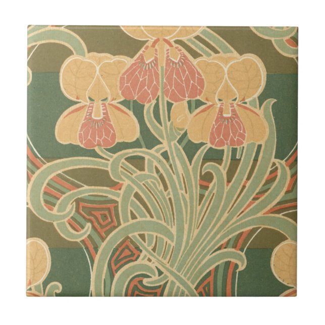 pretty orange flowers art nouveau design ceramic tile (Front)