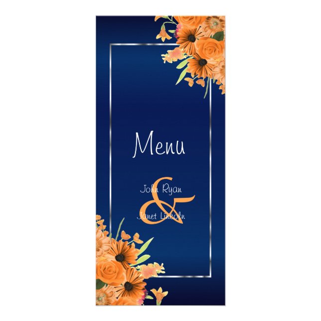 Pretty Orange Flowers on Navy Blue - Menu (Front)