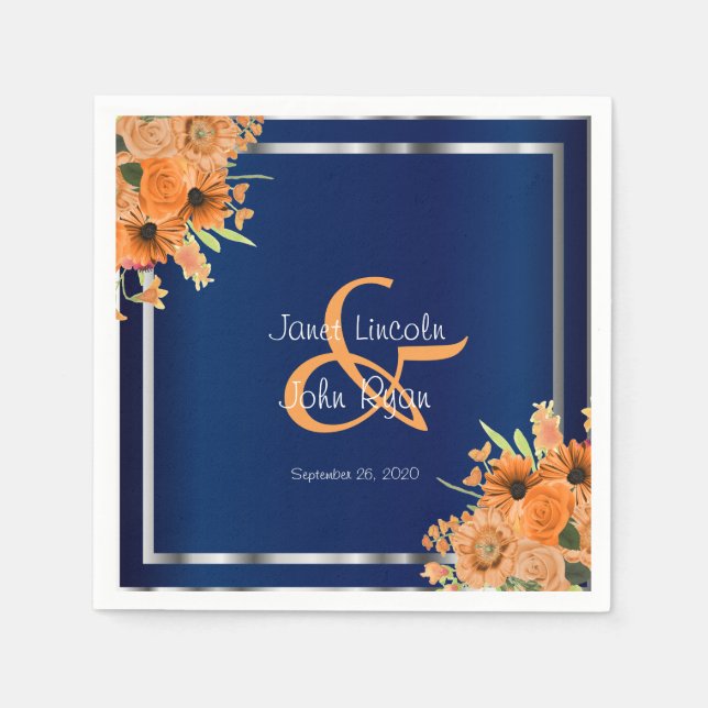 Pretty Orange Flowers on Navy Blue Napkin (Front)