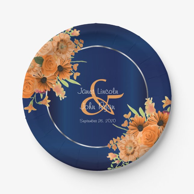Pretty Orange Flowers on Navy Blue Paper Plate (Front)