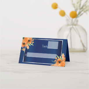 Pretty Orange Flowers on Navy Blue Place Card