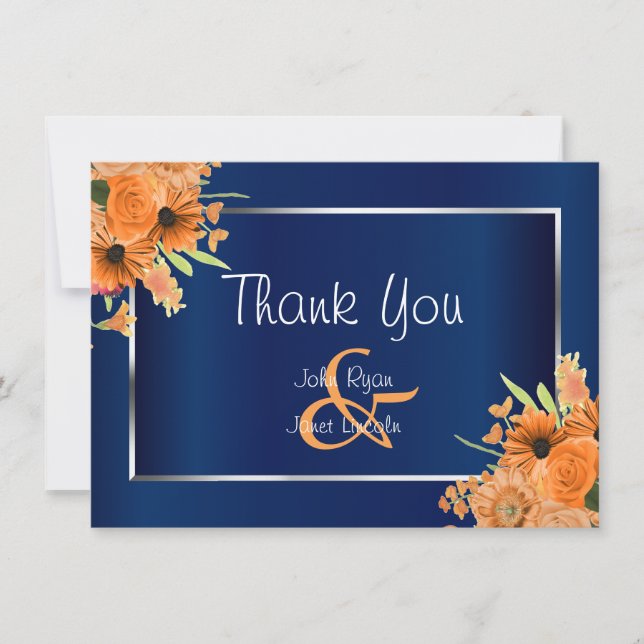Pretty Orange Flowers on Navy Blue  - Thank You Card (Front)