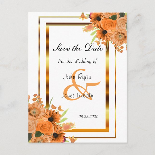 Pretty Orange Flowers - Save The Date Announcement Postcard (Front)