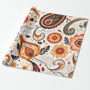 Pretty Orange Green Mix  Floral  Paisley Pattern  Wrapping Paper