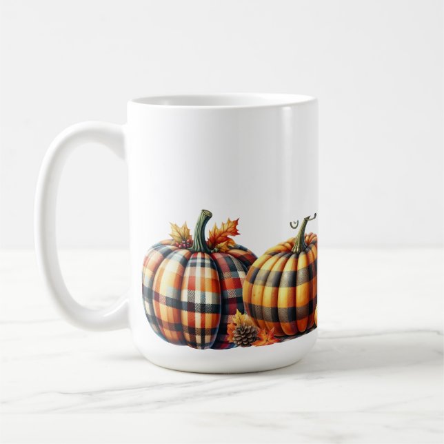 PRETTY ORANGE & GREEN PLAID FALL PUMPKINS COFFEE MUG (Left)