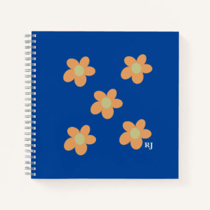 Pretty Orange Happy Flowers +Custom Initial Blue Notebook