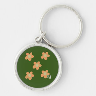 Pretty Orange Happy Flowers +Custom Initial Olive Key Ring