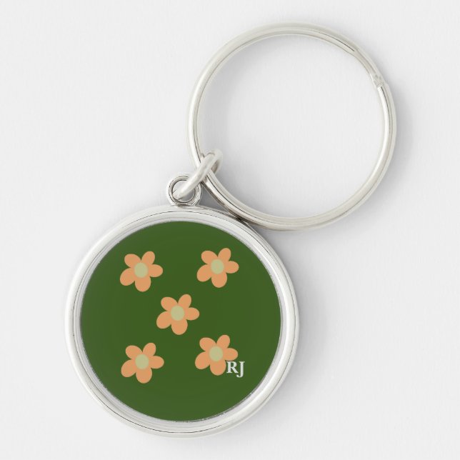 Pretty Orange Happy Flowers +Custom Initial Olive Key Ring (Front)