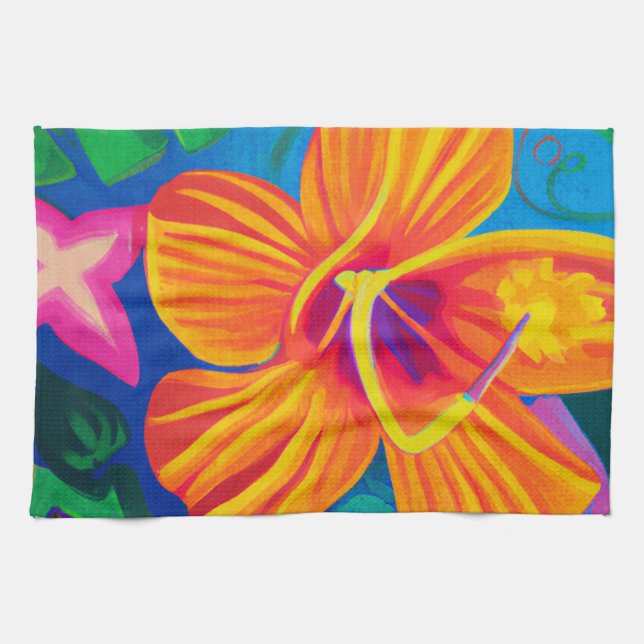 Pretty orange hibiscus kitchen decor towel (Horizontal)