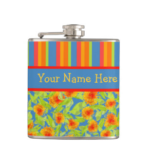 Pretty Orange Marigolds and Stripes Hip Flask