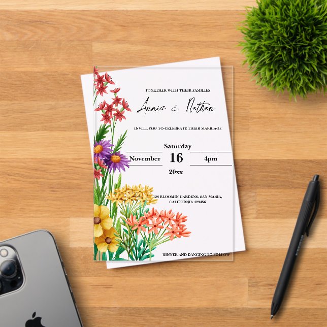 Pretty Orange Purple Wildflowers Floral Wedding Acrylic Invitations (Insitu (Invitation Card))