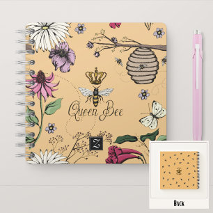 Pretty Orange Queen Bee & Crown Floral Monogram Notebook