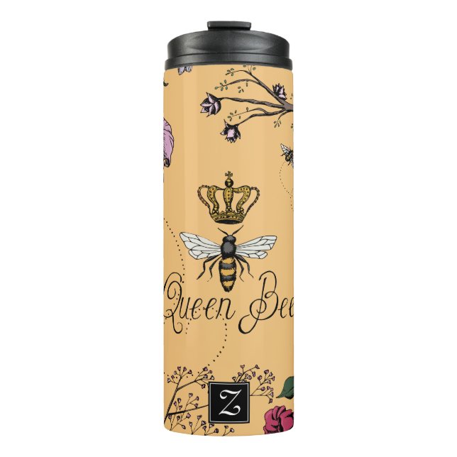 Pretty Orange Queen Bee & Gold Crown Floral Thermal Tumbler (Front)